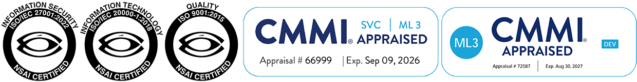 Badges of ITCON's Accreditations: ISO 9001:2015, ISO/IEC 27001:2013, ISO/IEC 20000-1:2018, CMMI SVC Level 3, CMMI DEV Level 3